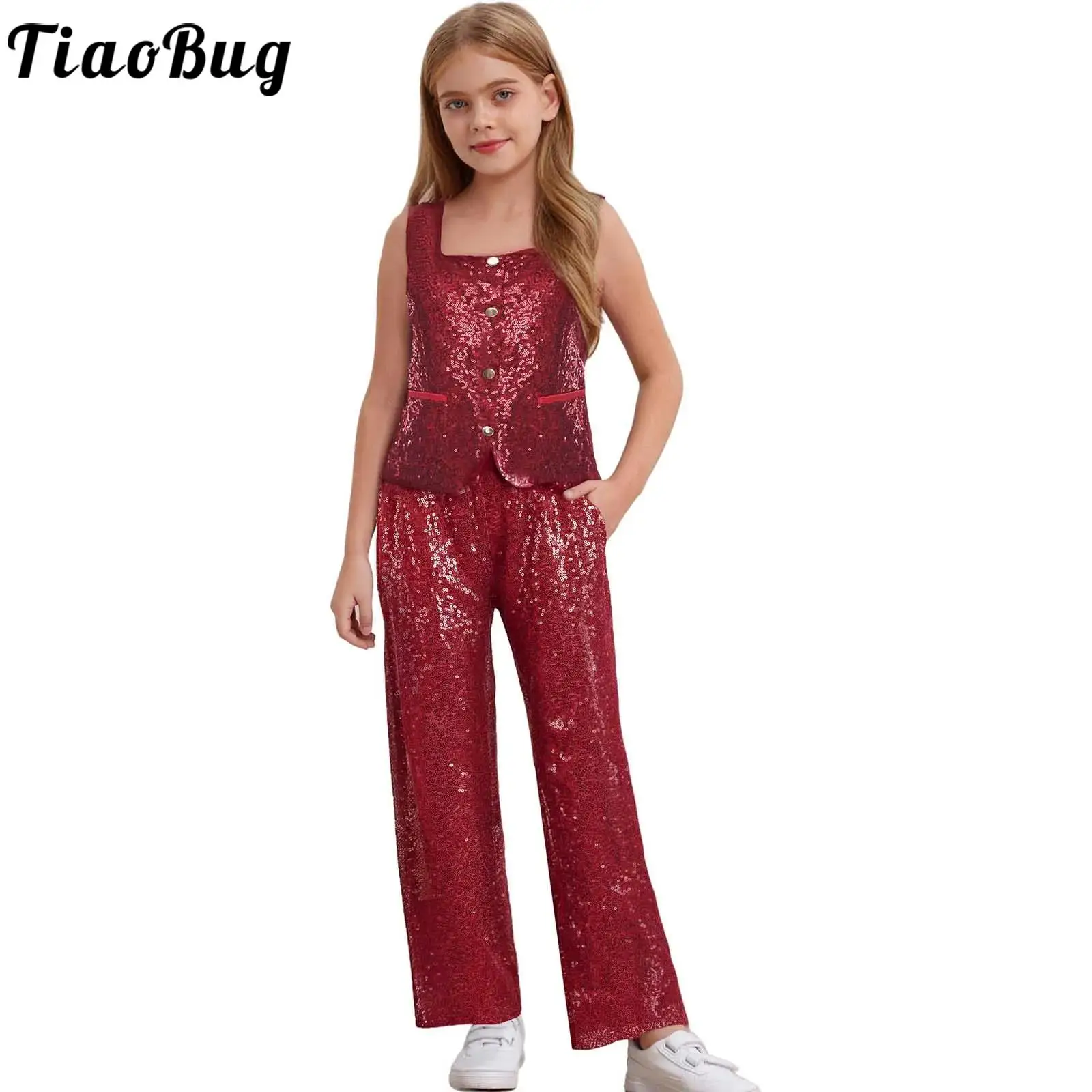 Kids Girls Shiny Sequins Jazz Dance Costume Sleeveless Vest Tank Tops And Long Pants for Birthday Wedding Party Pageant Prom