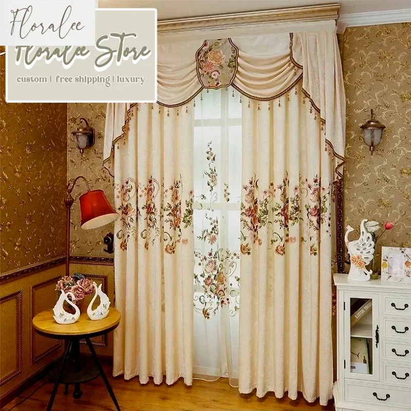 

European Style Luxury Curtains For Living Room Bedroom High-grade Custom Chenille Embroidery Sheer Customize Cloth Valance