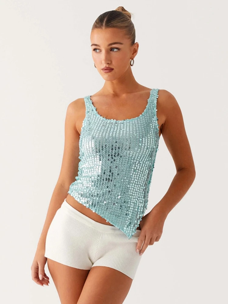 Sequined Tank Top Solid Crop Top Women Edgy Clothes Y2k Accessories Camison Verano Cute Tops Korean Fashion Clothing Ropa Mujer