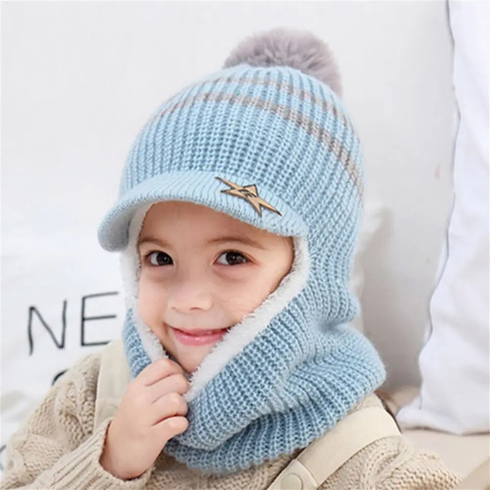 Winter Kids Plus Fleece Beanie Hats Thick Warm Knitted Balaclava Cap For Child Outdoor Girls Boys Face Cover Hairball Bib Mask