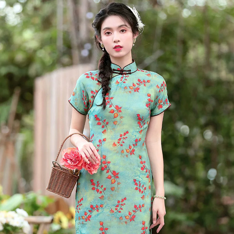 

Vintage Chinese Style Women Elegant Slim Clothing Dress Cheongsams Print Summer Dress