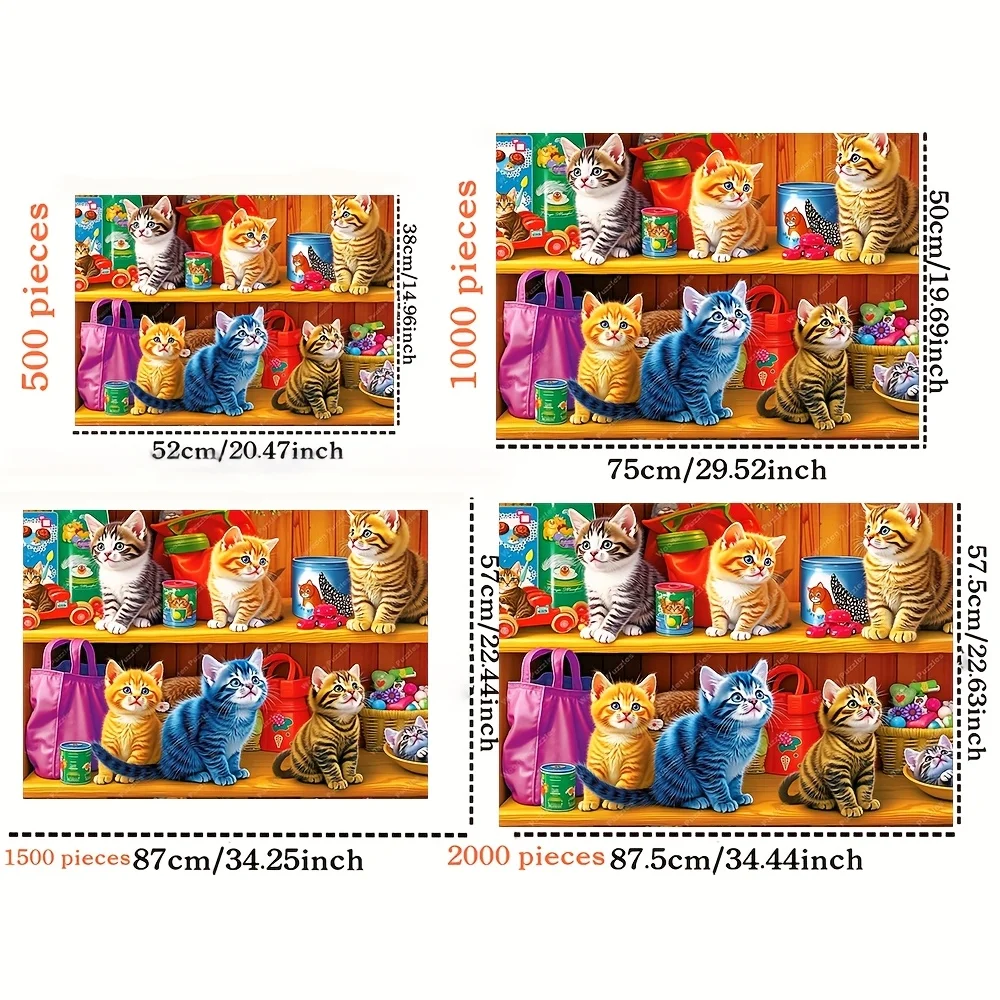 500/1000/1500/2000피스 성인용 대형 퍼즐 - 귀여운 새끼 고양이와 태비 고양이, 10가지 다채로운 장면, 도전적인 고양이 모양 퍼즐