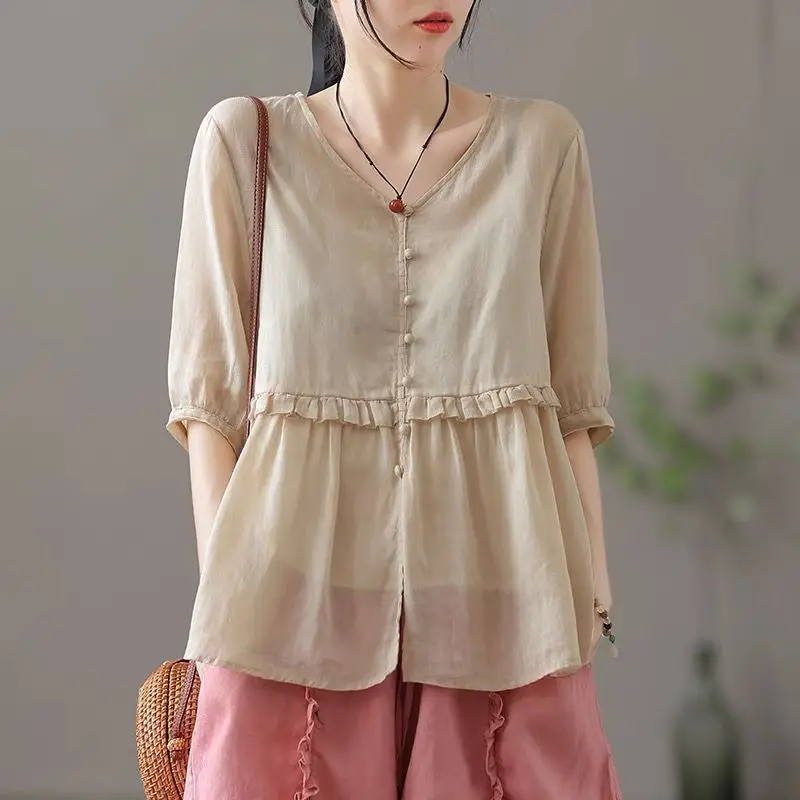 Trend Sweet Fresh Fashion Retro Versatile V Neck Cotton Linen Comfort Leisure Button Half Sleeve Women's Shirt Top Summer 2024