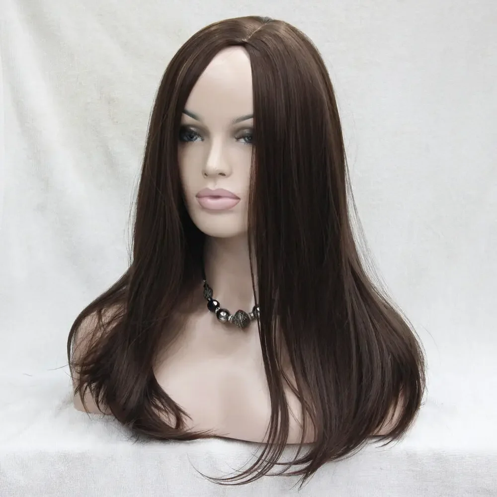 Heat resistant hair coffee brown no bangs long straight side skin part top wig