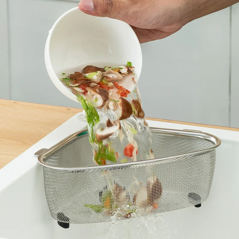 

Stainless Steel Kitchen Sink Filter Basket - Triangular Mesh Strainer for Food Scraps, Leftovers & Waste with Drain Holes