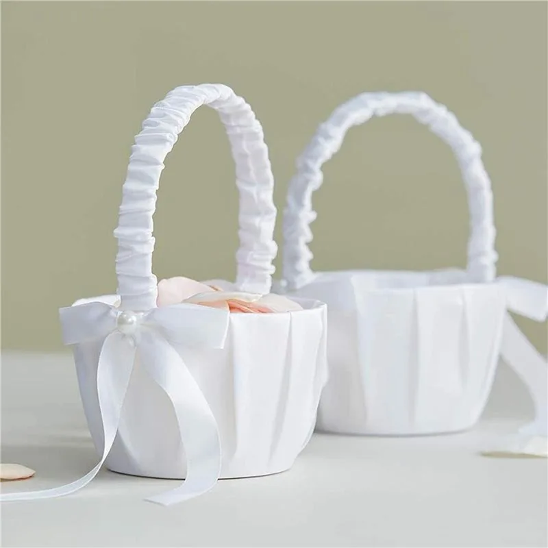 1/2pcs Satin Pearl Knot Flower Basket For Girls, Ring Holder, White Flowers, Wedding Accessories, Ladies Supplies, 2024