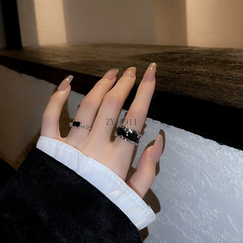Anello coppia in argento sterling, anello per dito indice aperto con smalto nero, semplice e versatile