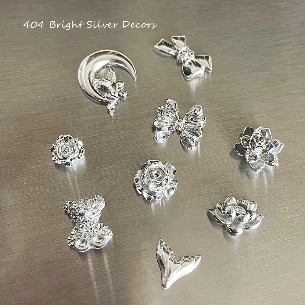 Mixed Glossy Silver Luna Fairy Thorns Bear Ornaments Fake Metal Flowers Chrome Silver Resin Charms Bulk Manicure Accessories 404