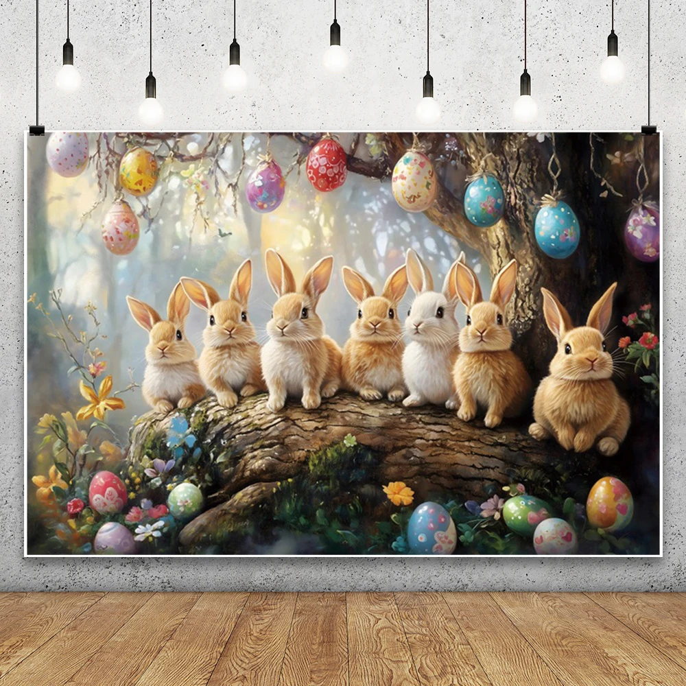 Happy Easter Photography Backdrop Spring Forest Cute Rabbits Climbing Tree Hanging Colorful Eggs Baby Portrait Photo Background