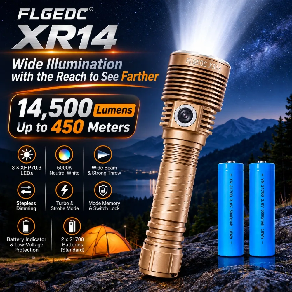 FLGEDC XR14 Triple XHP70.3 Outdoor Led Flashlight 14500 Lumens Super Bright Flash Light 450m Camping Emergency Search Torch