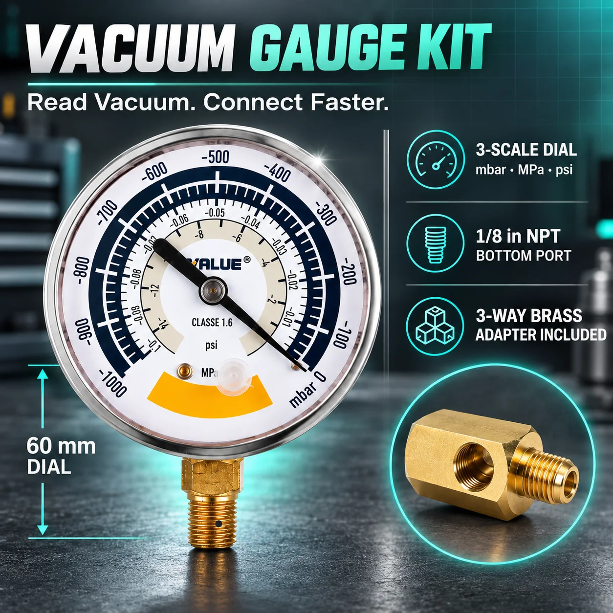 3-in-1 Vakuummessgerät-Set, 60 mm Mbar/MPa/Psi, Klasse 1.6, 1/8 Zoll NPT mit Messing-3-Wege-Adapter für HLK- und Kälteanlagen – Detail 6