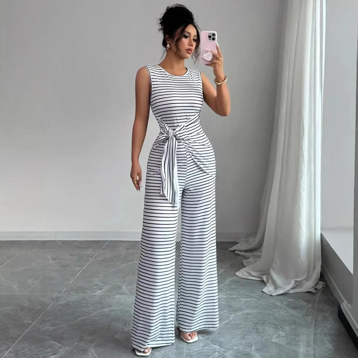 

New Women's Casual Commuter Jumpsuit, Crew Neck with Black and White Stripes and Bow Details