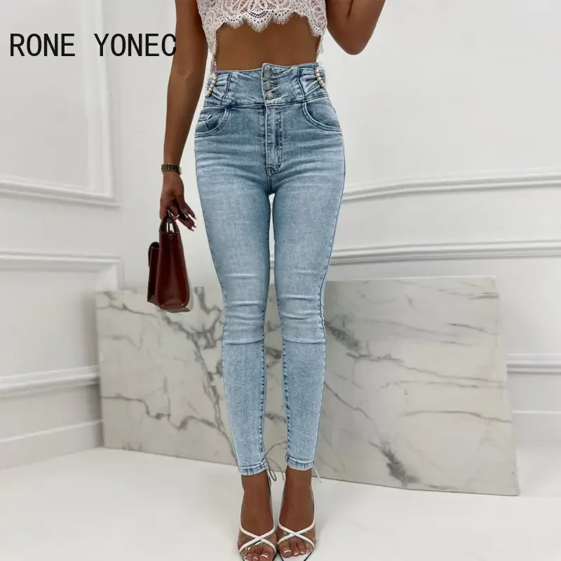 2023 Women Fashion Solid Chic Beading Decoration High Waist Multi Breasted Skinny Jeans Denim Pants