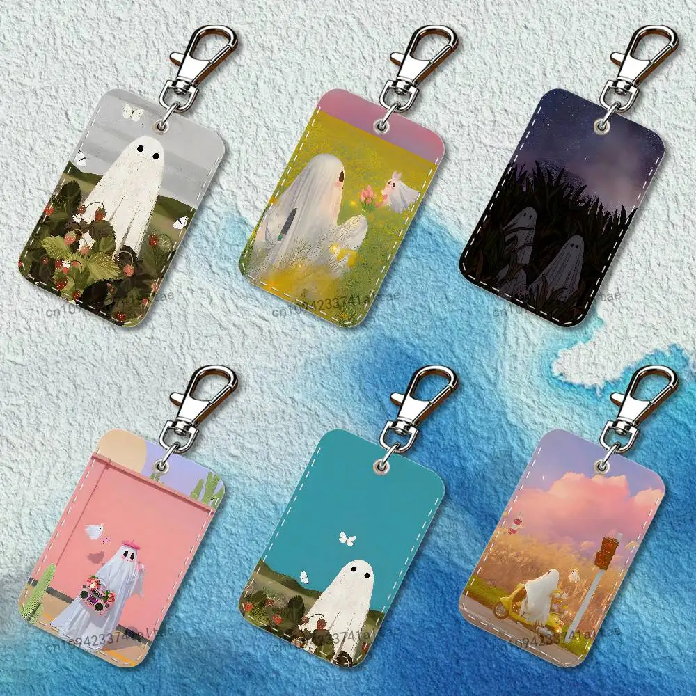 

Cute Ghost Rectangle Access Card Case Leather Card Holder Keychain Key Ring Transportation Card Case