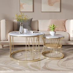 Mesa de centro anidada moderna, juego de mesa de centro, sofá de chapa de mármol, mesas auxiliares redondas, juego de 2, marco dorado