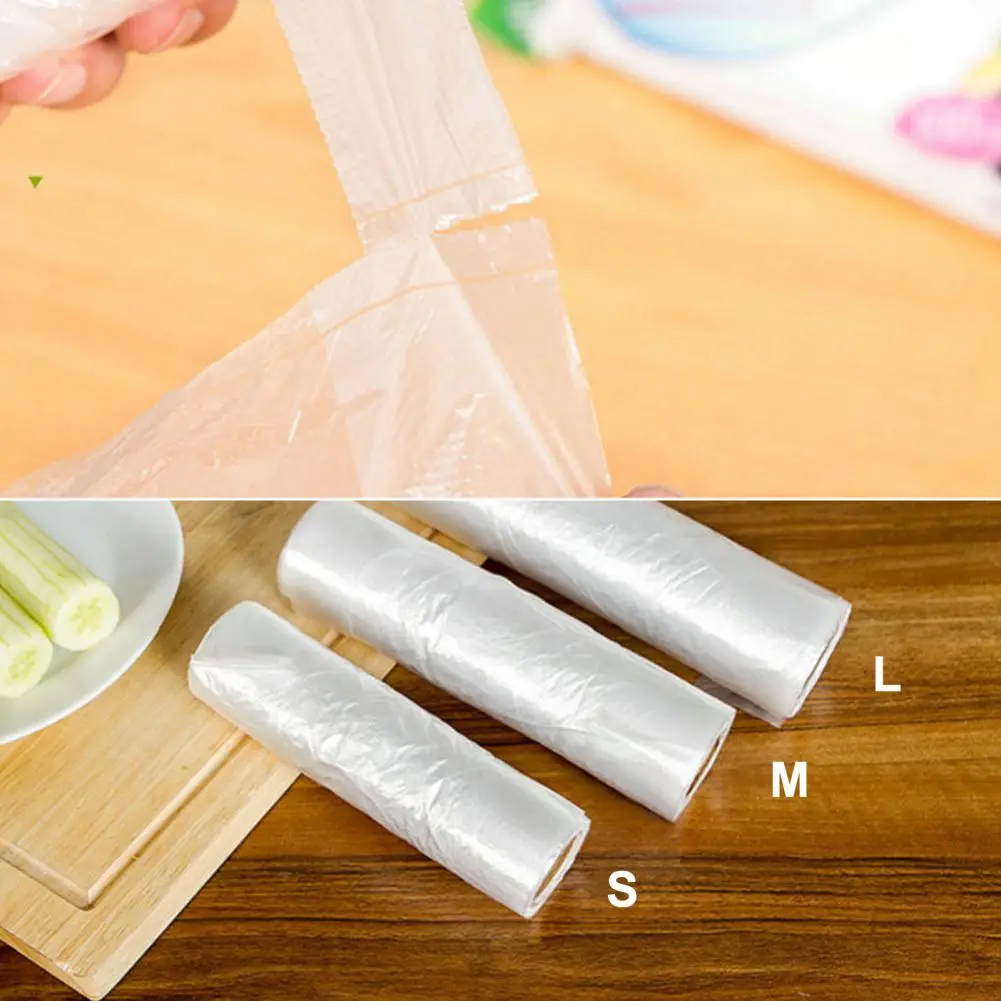 100Bags/Roll Plastic Food Storage Bags with Portable Handle for Vegetable Fruits Bread Kitchen Organizer Transpare Storage Bags