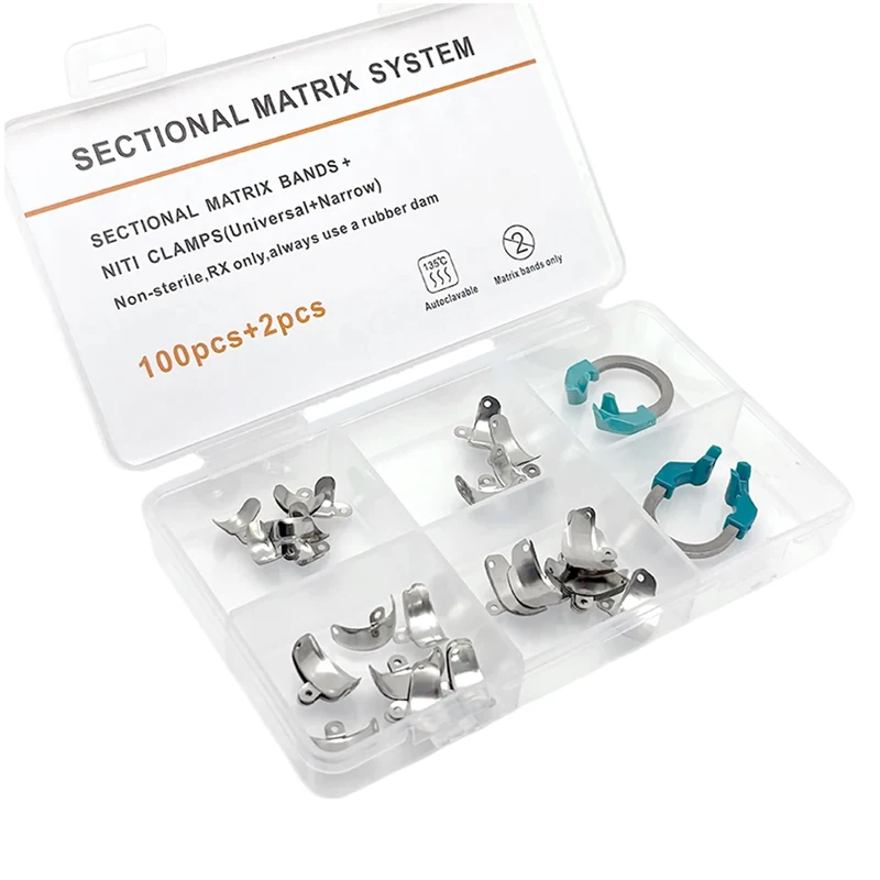 

102PCS Dental Matrix Bands Metal Matrices System for Molar Teeth Restoration Nickel Titanium Clamping Rings & Contoured Matrix