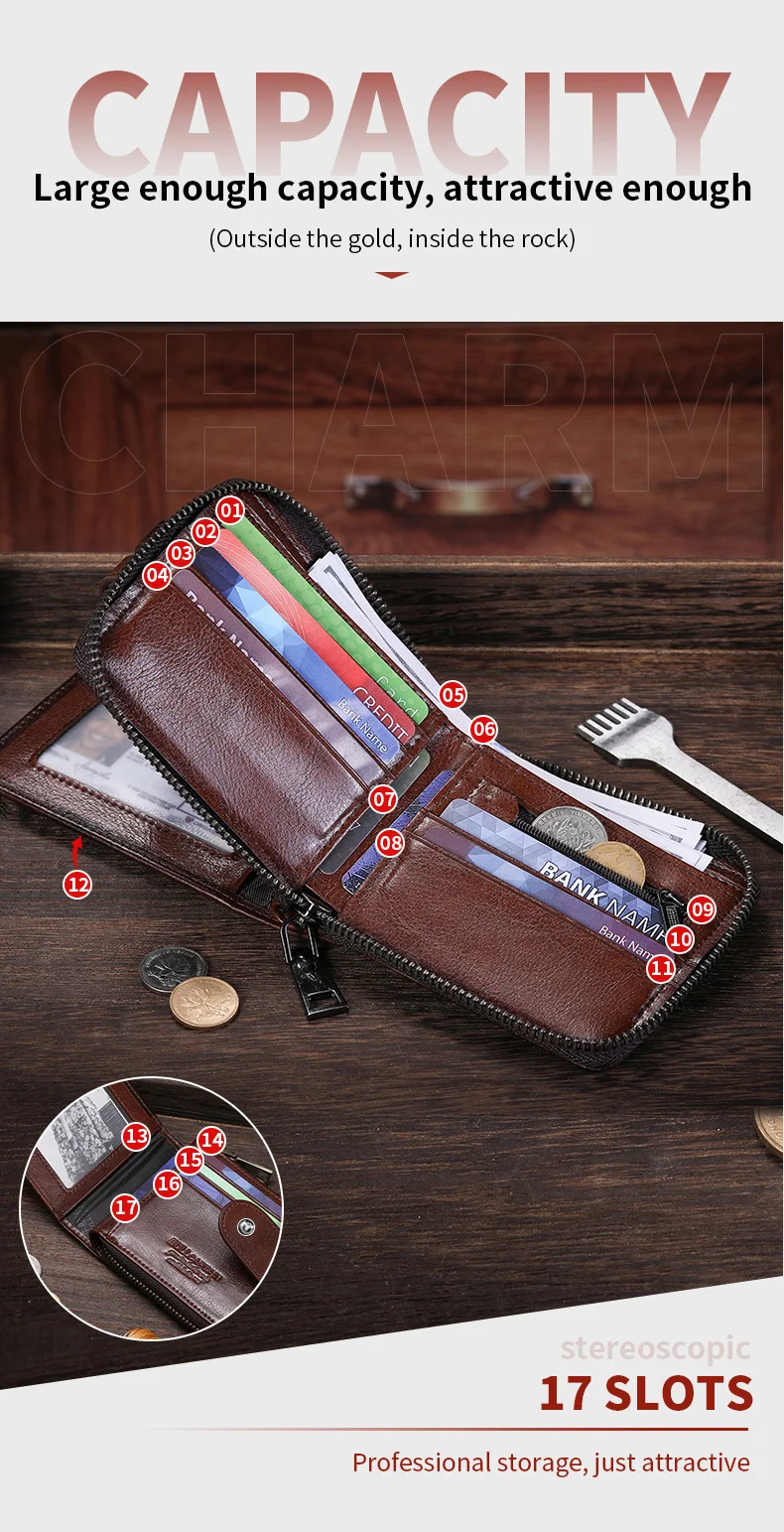 Bull captain Echt leder Herren Bifold Brieftasche mit Reiß verschluss sicher speichern Sie Ihr Bargeld und Karten RFID Blocking Karten halter – Detail 9