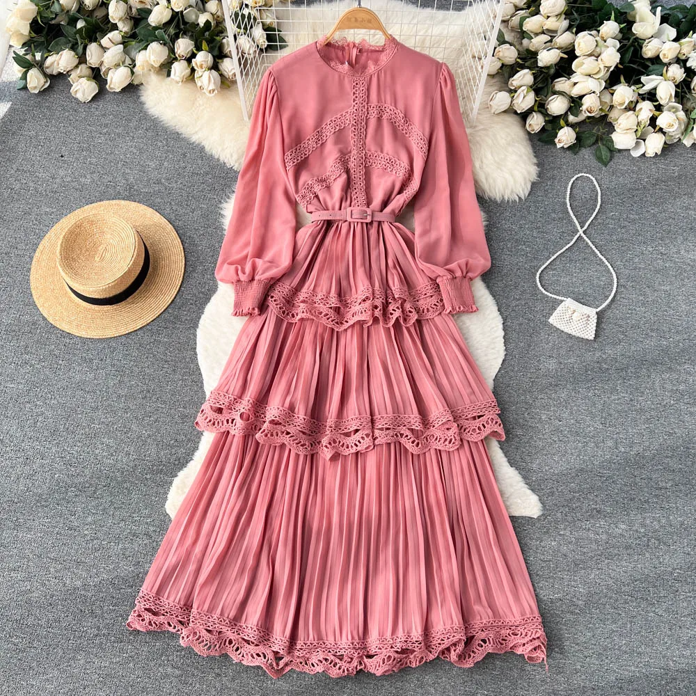 Vestido feminino de renda vintage plissado em camadas, chique moda a linha A, vestidos de manga longa, elegante, primavera, outono