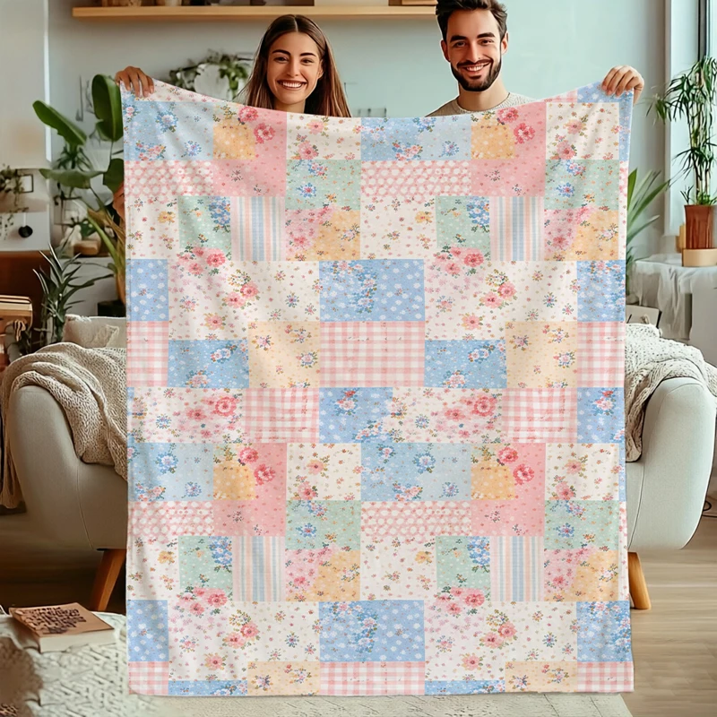 Pink Blue Floral Patchwork Cottage Fleece Blanket For Cozy Bedroom Decor Lightweight Plush Throw Blanket Cover