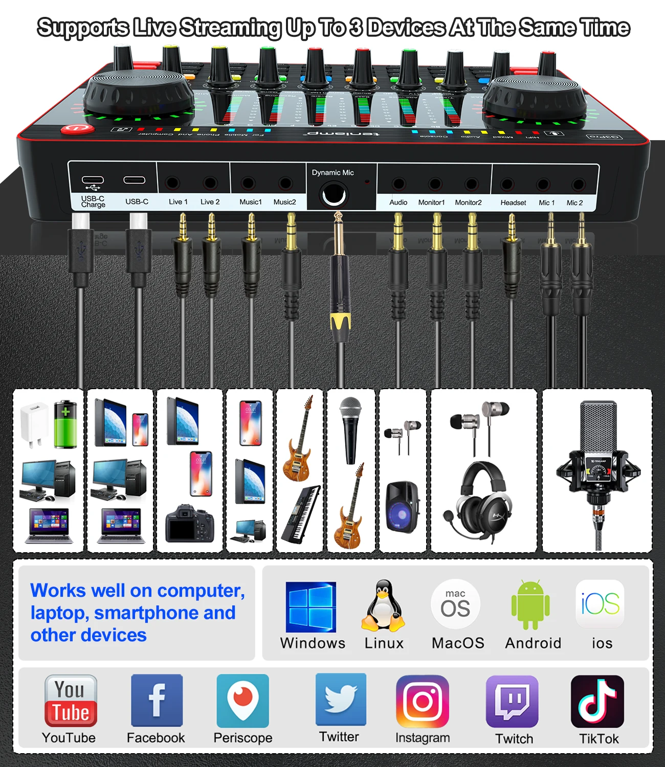 Live Sound Card Studio Condenser Microphone Kit Audio Webcast Karaoke Mixer for Mobile Phone PC Laptop Broadcast Live Streaming