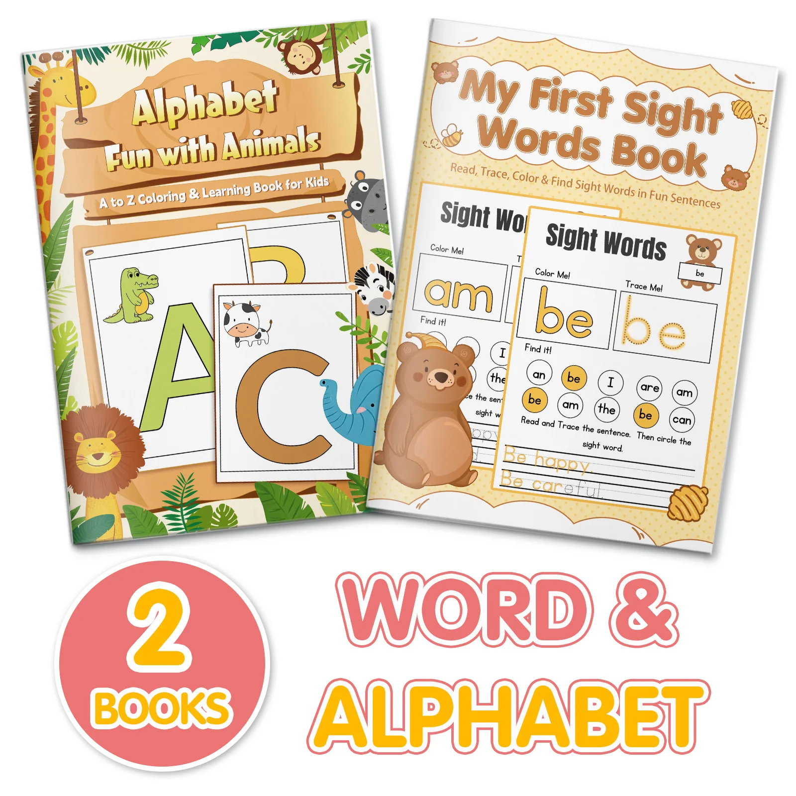 2-Pack Early Literacy Activity Set, Animal-Themed A–Z Letter Coloring plus First Sight Word Read, Trace