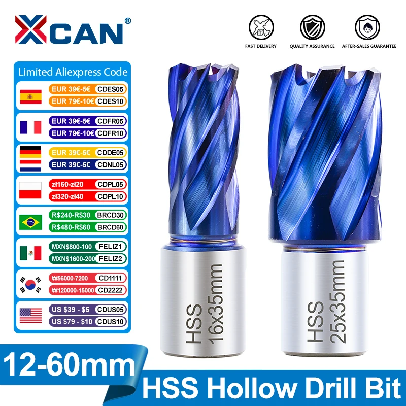 XCAN Drill Bit 1pc 12-60mm Annular Cutter HSS Hole Saw With Weldon Shank Hollow Drill Bit for Magnetic Drill Metal Drilling Tool