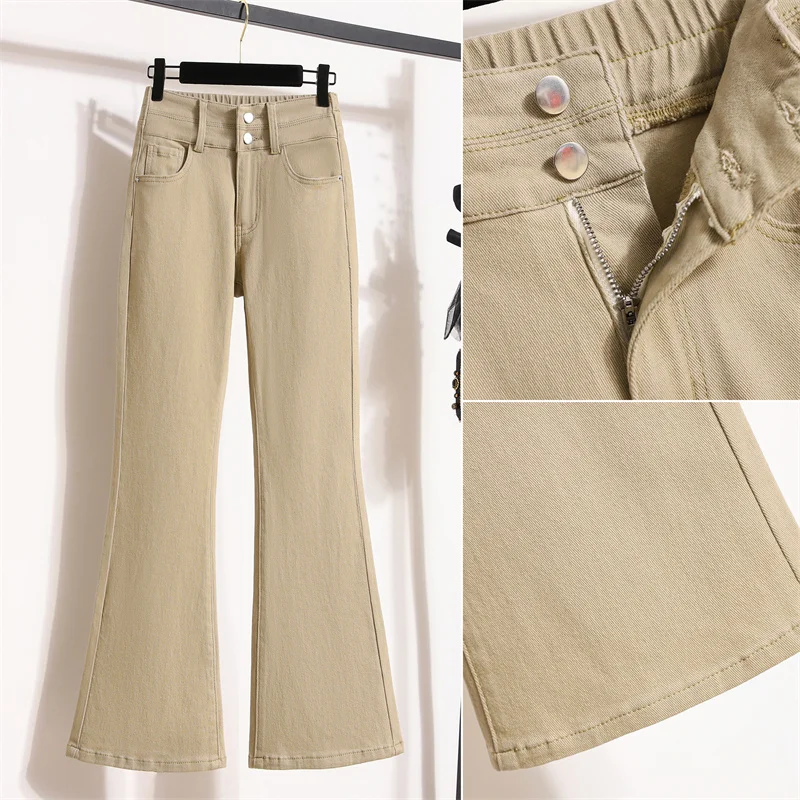 

Женские эластичные джинсы S4XL, повседневные джинсовые брюки-клеш, длинные брюки с талией, хлопковая эластичная ткань, универсальные сезонные брюки