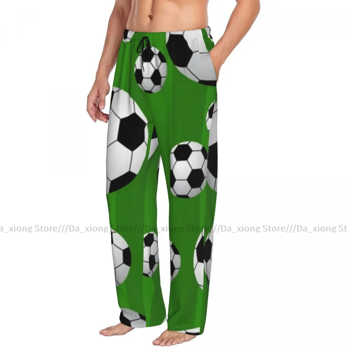 Pijama solto casual masculino com elástico na cintura, padrão bola de futebol, pijamas aconchegantes, calça lounge de casa, calça comprida