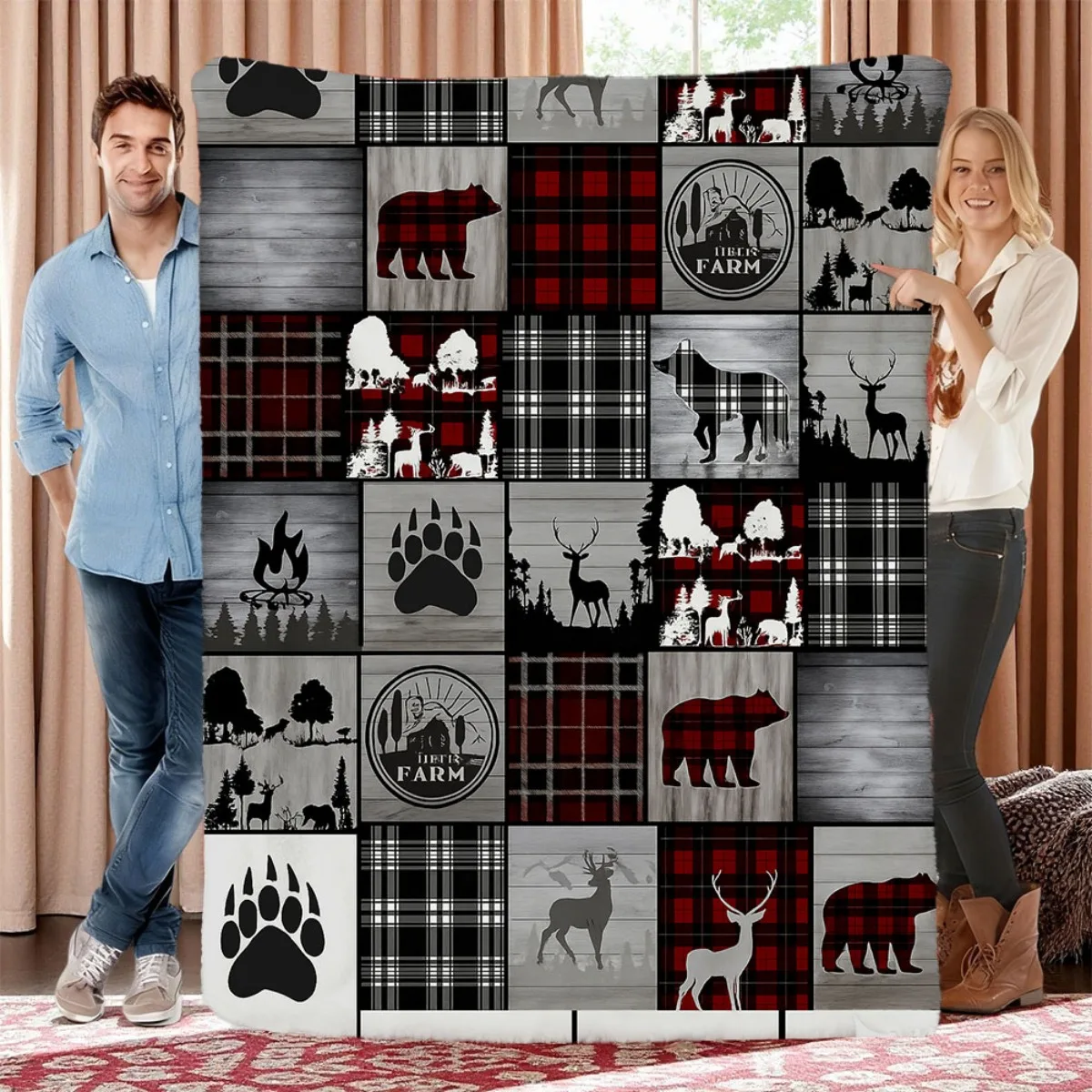 Red Black Plaid Bear Deer Forest Patchwork Vintage Throw Blanket for Bedroom Rustic Animal Print Blanket Accent