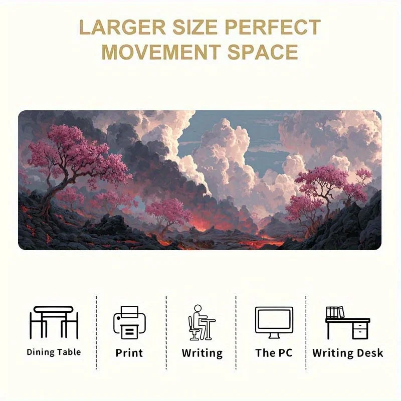 Volcano Cherry Blossom Fantasy Large Gaming Mouse Pad Durable Rubber Desk Mat for Office Gaming Setup