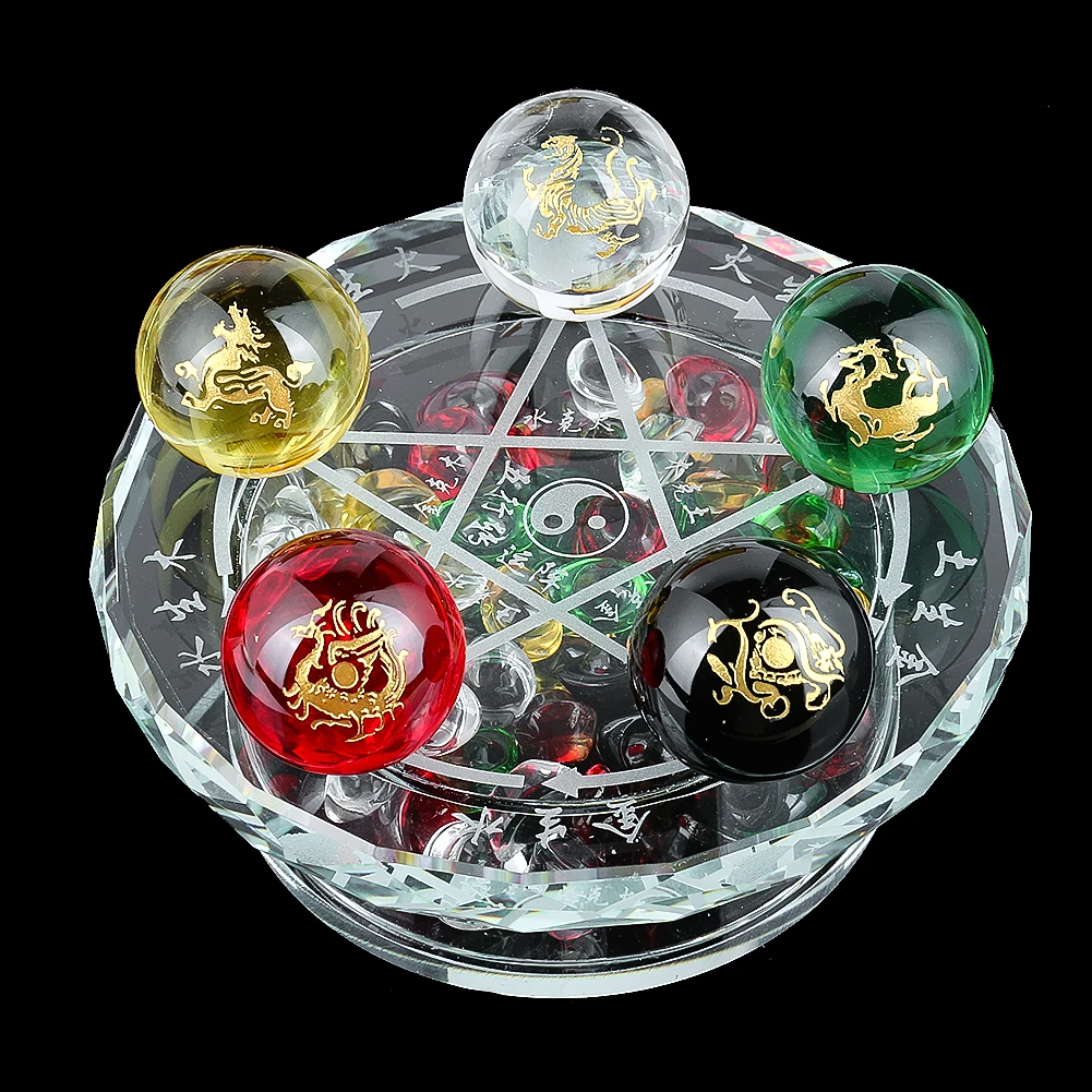 1 Set Glass Crystal Five Elements Transfer Array Home Office Feng Shui Ornaments Ingot Decorative Accessories Artifact Supplies