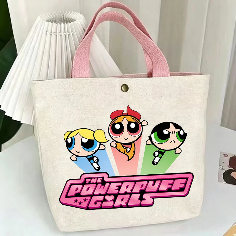 

The Powerpuffs Girls Tote Bags Kawaii Blossom Bubbles Buttercup Handbag Women Travel Shopping Canvas Pouch Kids Birthday Gift