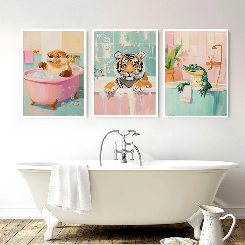 1pc frameless Canvas Painting Funny Cat Alligator Leopard Tiger in A Bathtub Poster Shark Canvas Painting Print Wall Art Picture