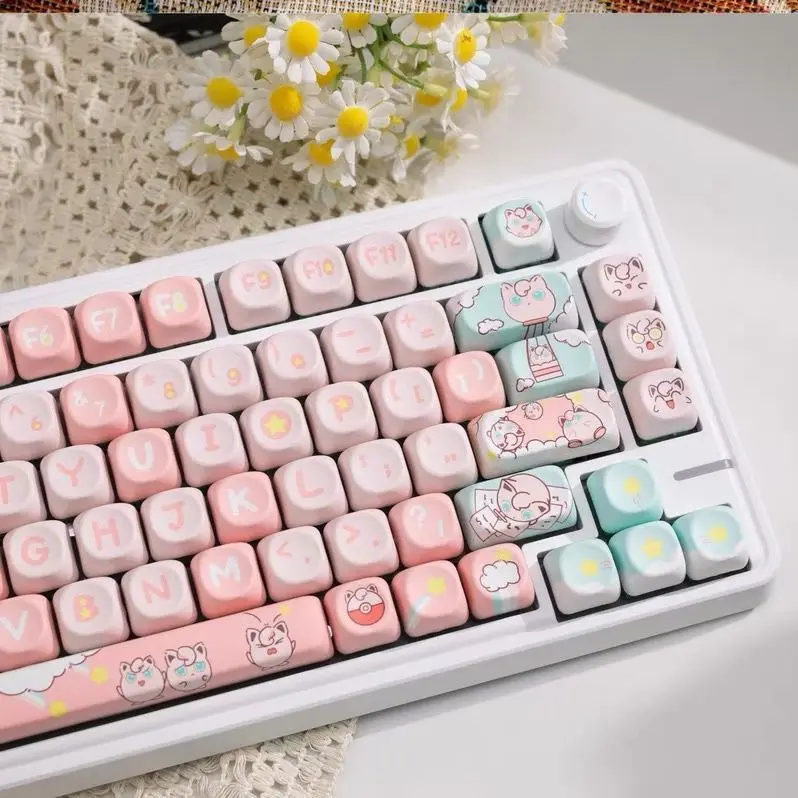 Moa Cute Pink Keycap Fat Ding PBT Material Heat Sublimation Process Keycap Cartoon Character 130 Keys DIY Round Pink Keycaps