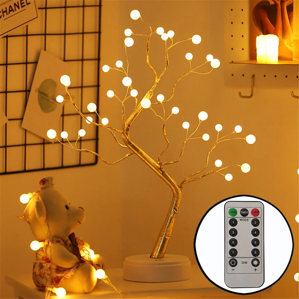 Tabletop Bonsai Tree Light 36 Pearls LED 8 Mode Remote Control DIY Artificial Lamp Bedroom Desktop Indoor Decoration Night Light