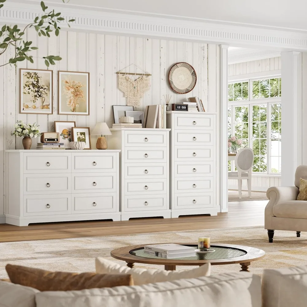 HOSTACK Cômoda de 5 gavetas para quarto, cômoda branca alta de 44 com 5 gavetas, cômoda branca com armazenamento, fazenda moderna