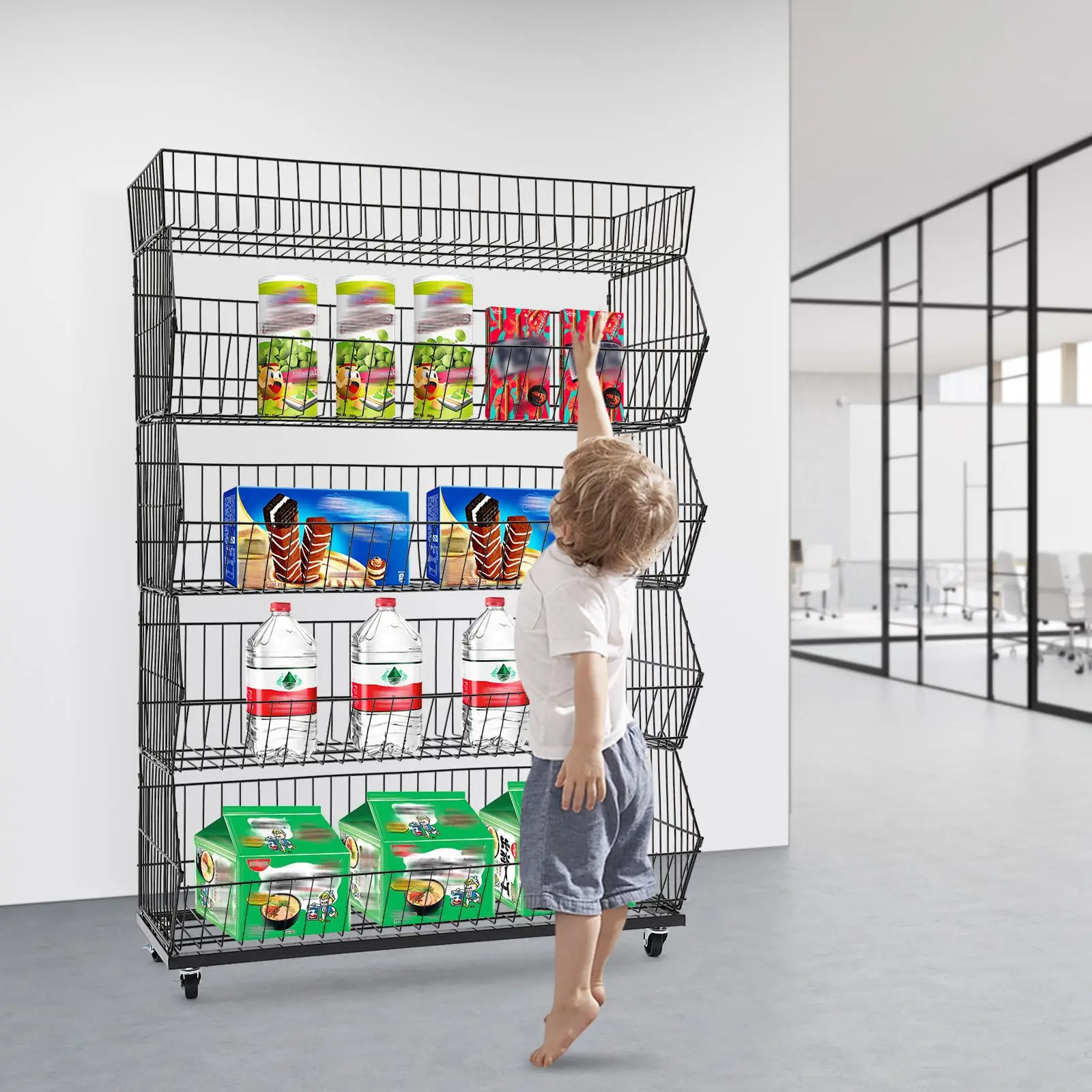 Pajangan Ritel 5 Rak, Rak Kawat dengan Roda dan Kait Organizer Pajangan Makanan Ringan Logam Tugas Berat, Rak Ritel untuk Supermarke