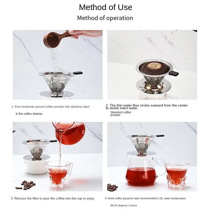 AWAH Coffee Dripper Stainless Steel Pour Over Coffee Filter Cup Single Serve For 1-2 Persons With Integrated Stand