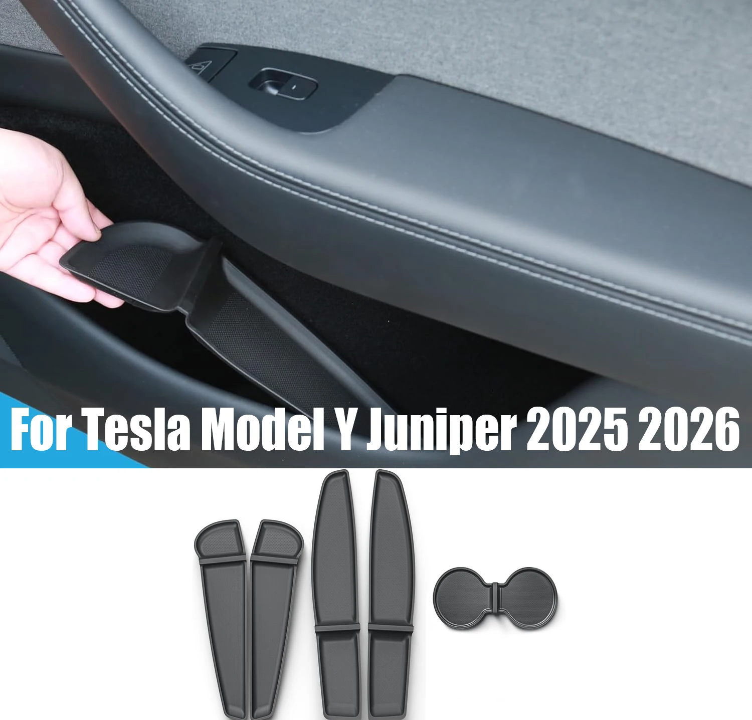 

Набор из 5 органайзеров-подставок для дверных карманов и подлокотников для Tesla Model Y Juniper 2025-2026: передние и задние двери, ручки, подлокотники, лотки для хранения, аксессуары