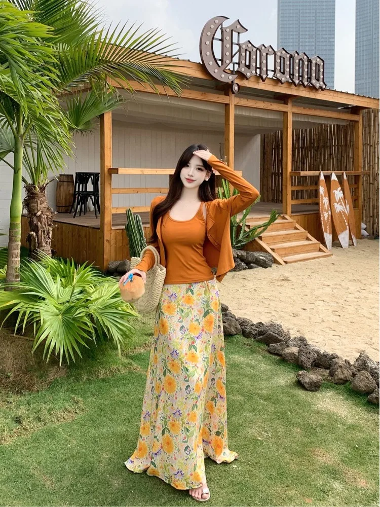 

plus Size Holiday Style Set Women Summer High Waist Slimming Floral Half Skirt Sweet Spicy Outerwear Tank Top Commute Korean ...