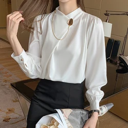 Long Sleeve Blouse Women Blusas Mujer De Moda 2024 Stand Collar White Chiffon Blouse Shirt Blouses Femme Women Tops Shirts F208