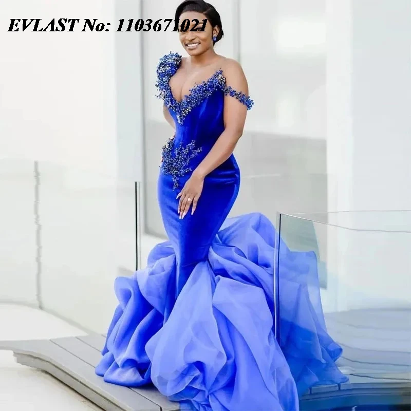 EVLAST Royal Blue Aso Ebi Prom Dress perline velluto sirena abiti da sera lungo volant Organza abito da festa formale africano P170