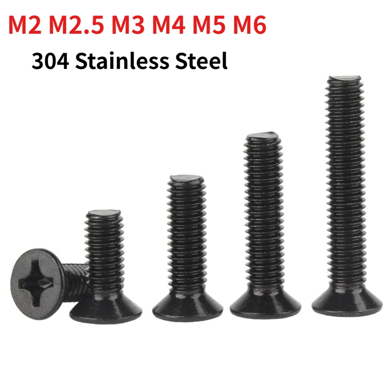 M2 M2.5 M3 M4 M5 M6 Black 304 Stainless Steel Phillips Countersunk Head Screw, Cross Recessed Flat Head Machine Screw