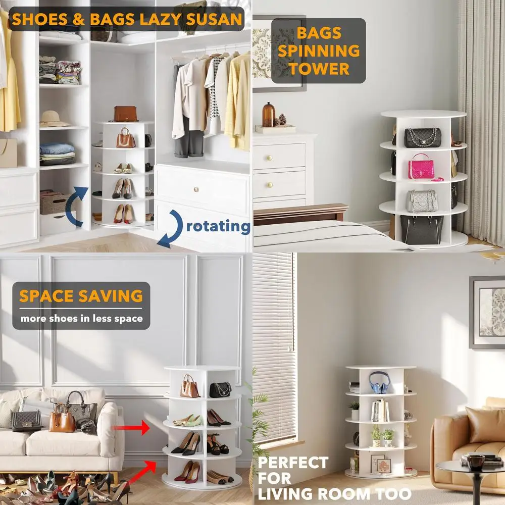 

4-х уровневая белая вращающаяся башня для обуви, 360° ° Дисплей для вращения обуви, вертикальный органайзер для хранения карусель для обуви и сумок