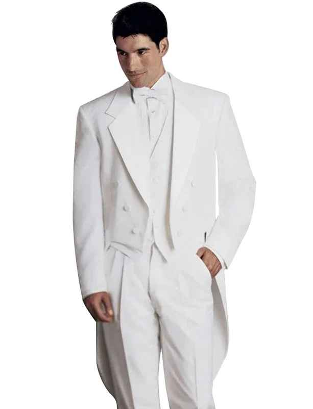 3 Pieces White Men's  Tailcoat Groom Tuxedos Dinner Suits Swallow-Tailed Coat Waistcoat & Trousers Formal Men Suits for Party