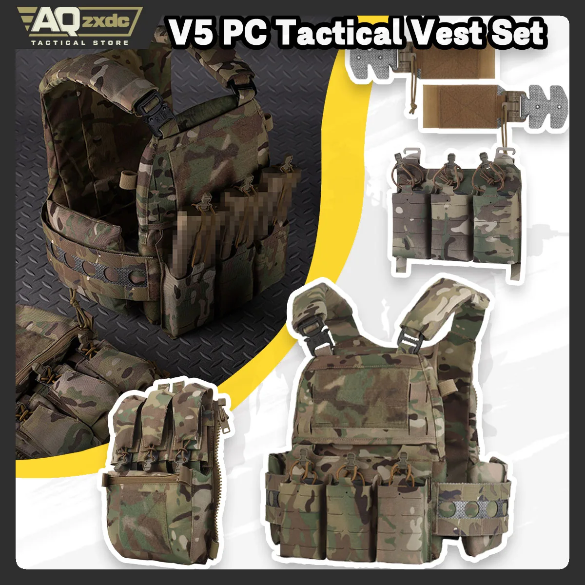 Tactical V5 PC Quick-Detachable Tactical Vest Set with Multi-Function MOLLE Zipper System & Training Vest Expansion Storage Bag