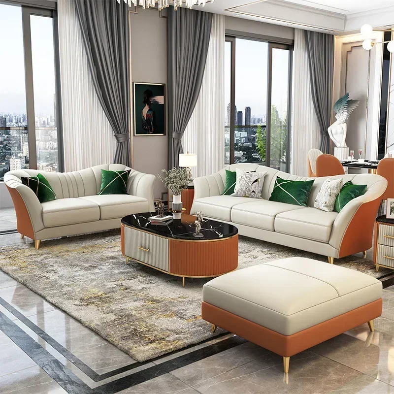 Luxury modern new design chesterfield sofa set with gold metal leg for living room leather sofas furniture