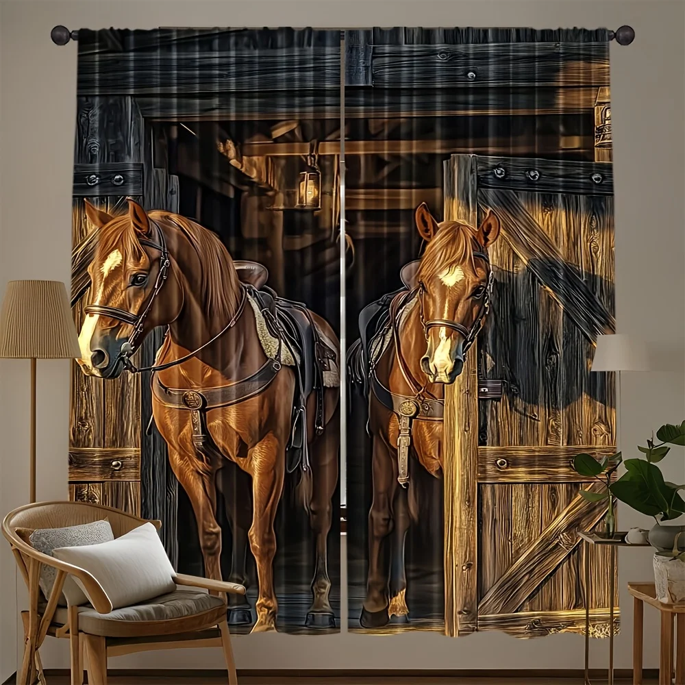 Horse Stable Curtain, Rustic Barn Window Drape, Western Country Blackout Panel, Living Room Bedroom Home Decor