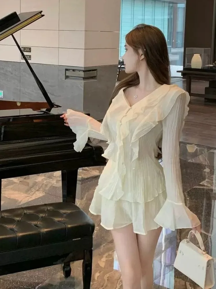

New Pure Desire Sle Loose Lightweight Long Sve V-Ne Flounce Hem Chiffon Sun Protection irt Women's Faion Commute